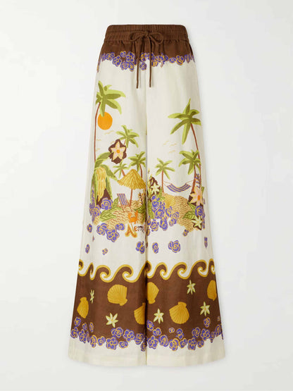 Retro Tropical Print Shirt & Wide-Leg Pants Two-Piece Set