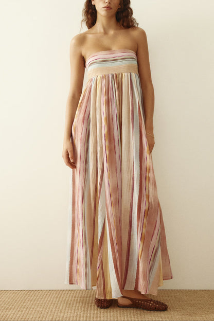 Multi-Colored Striped Strapless Maxi Dress