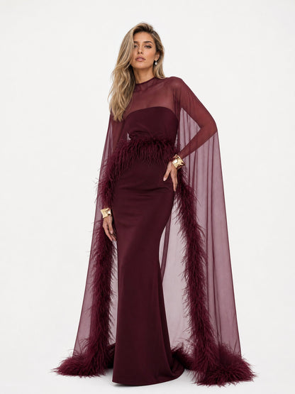 Elegant Feather Trim Chiffon Shawl Black Satin Maxi Dress