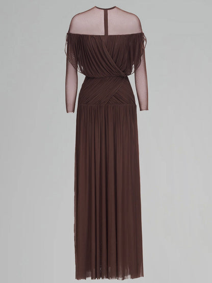 Elegant Ruched Draped Mesh Maxi Dress
