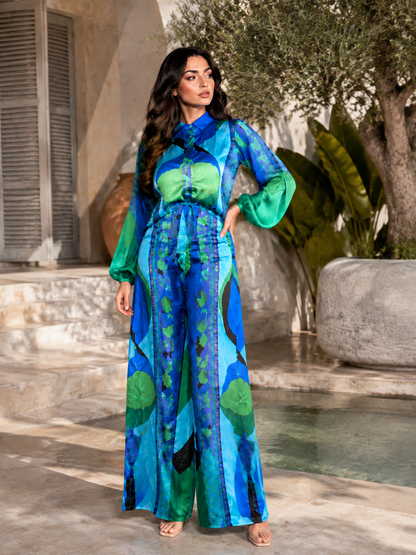 Exquisite Geometric Print Shirt & Wide-Leg Pants Two-Piece Set