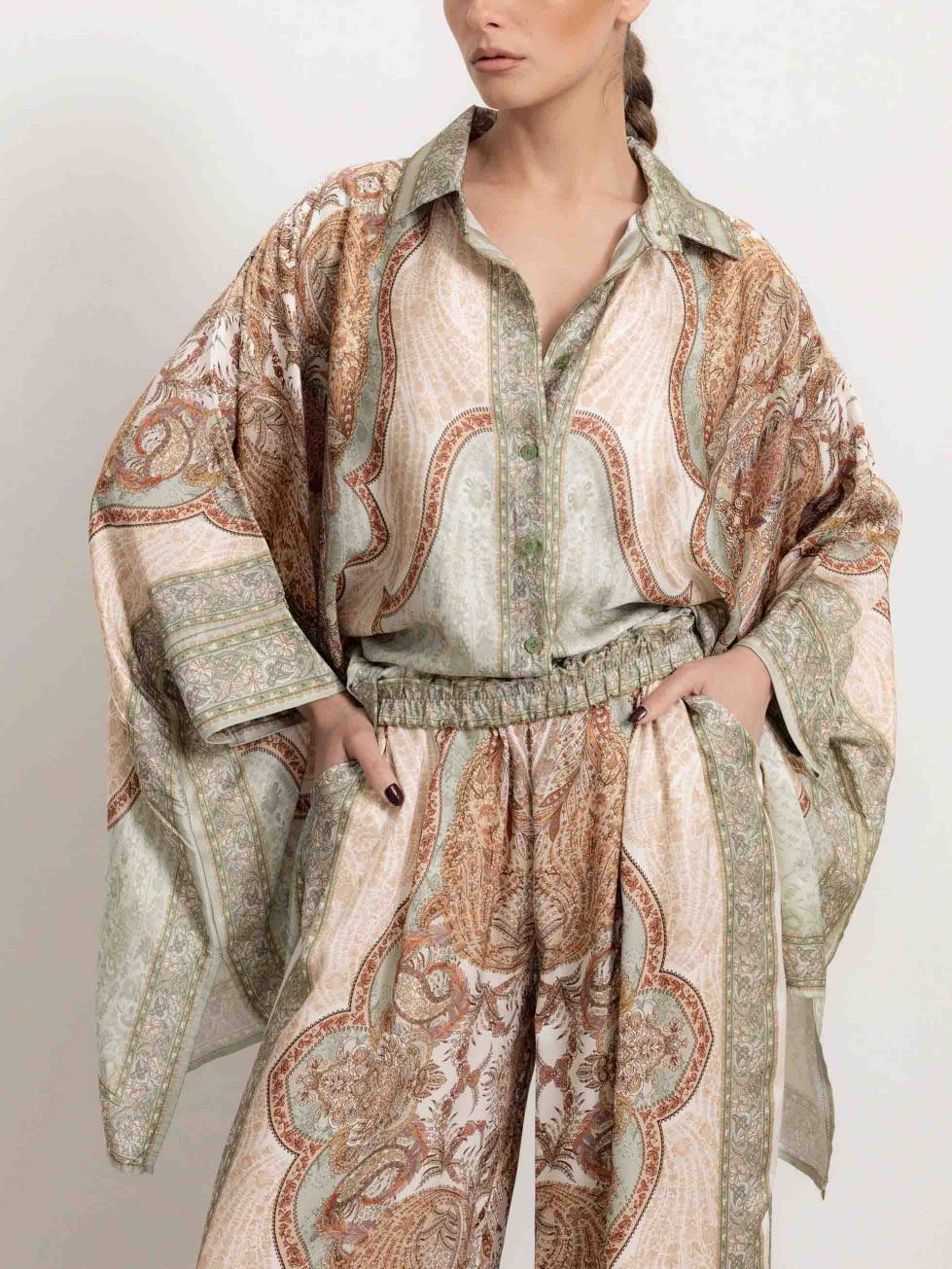 Retro Paisley Print Satin Loose Shirt Two-Piece Set
