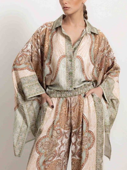 Retro Paisley Print Satin Loose Shirt Two-Piece Set