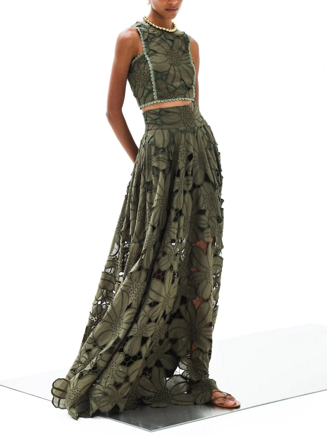 Elegant Floral Lace Cutout Crop Top & Skirt Two-Piece Set