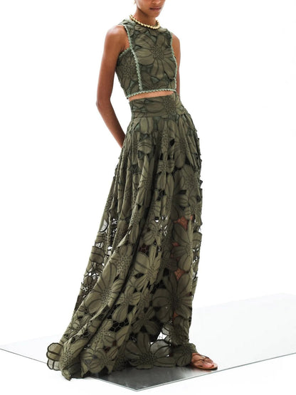 Elegant Floral Lace Cutout Crop Top & Skirt Two-Piece Set