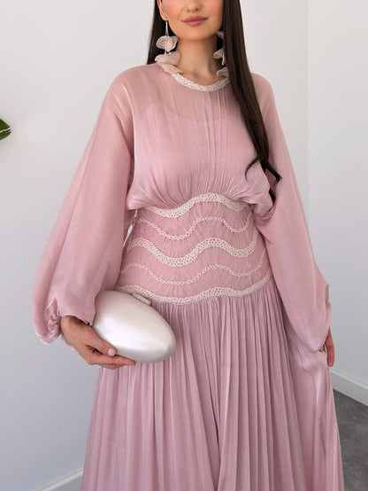 Elegant Pleated Waist Long Sleeve Satin Maxi Dress