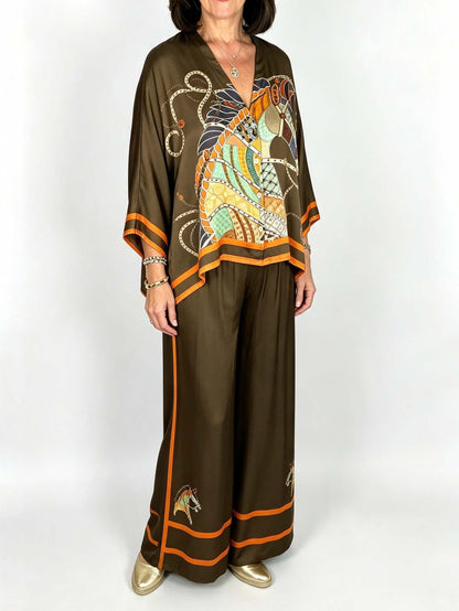 Elegant Horse Print Satin Kimono Top & Pants Two-Piece Set