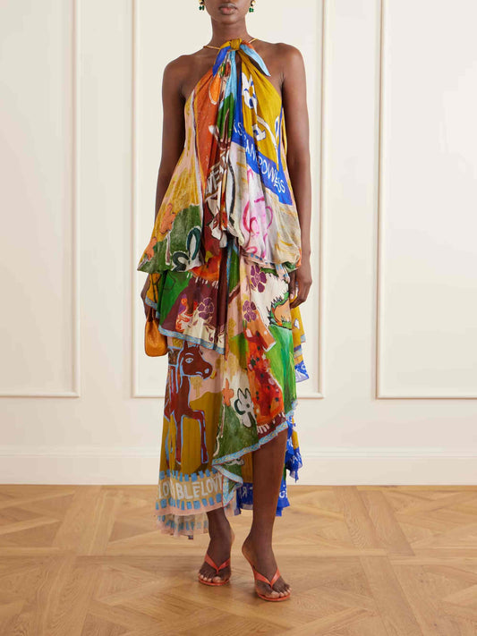 Unique Art Print Backless Maxi Dress