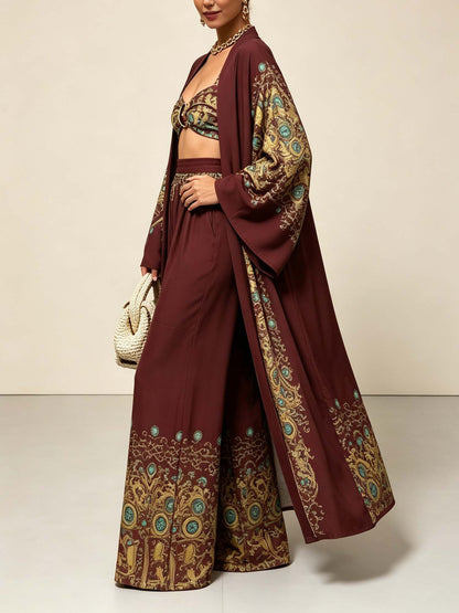 Burgundy Peacock Print 3 Piece Set