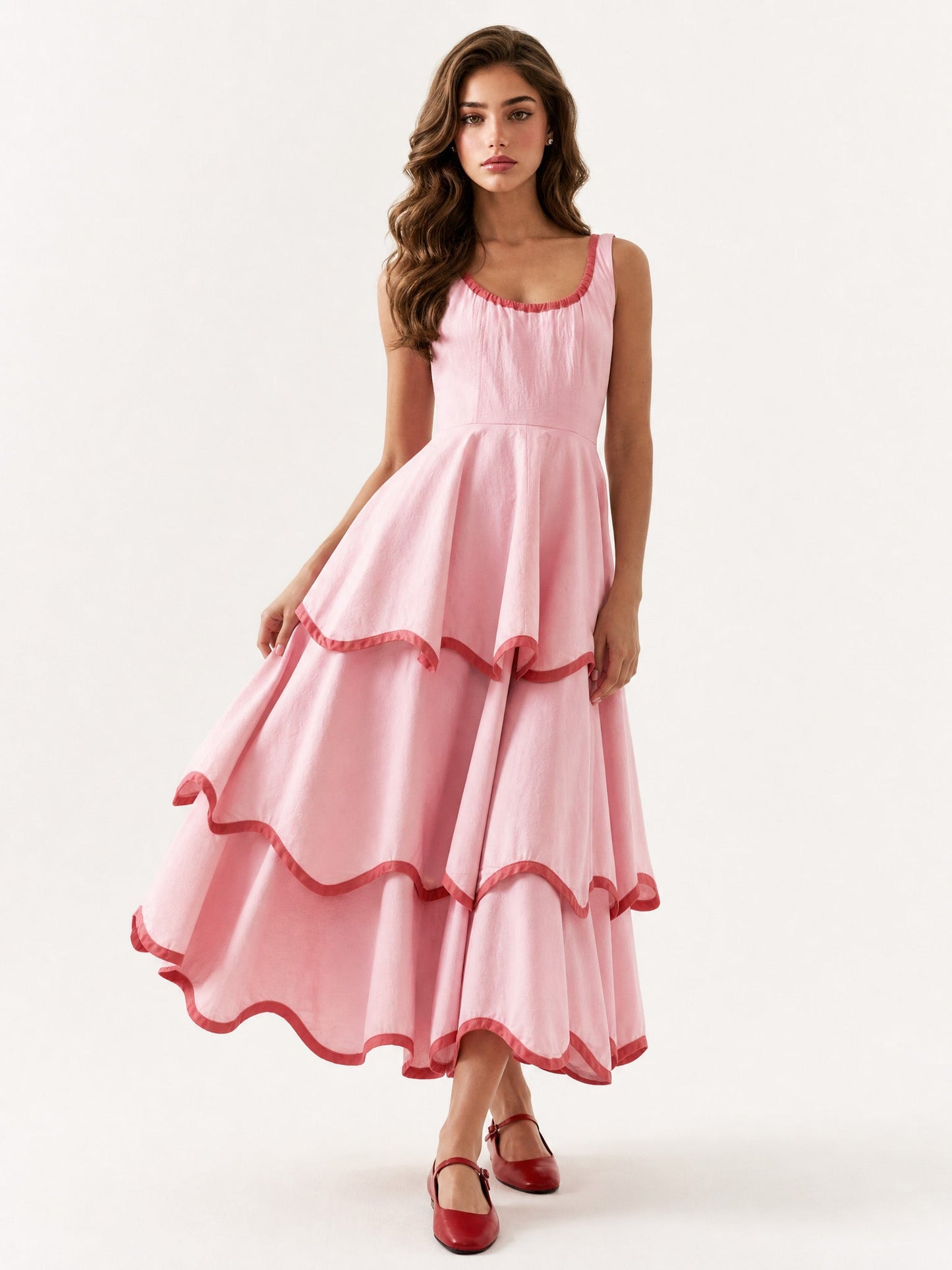 Elegant Color Trim Tiered Ruffle Sleeveless Maxi Dress
