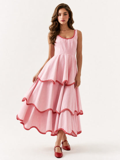 Elegant Color Trim Tiered Ruffle Sleeveless Maxi Dress