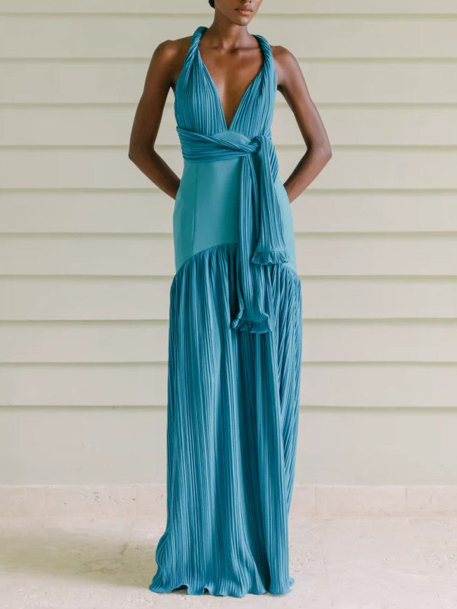 Elegant Backless Deep V-Neck Ruched Maxi Dress