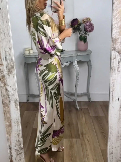 Retro Parrot And Palm Leaf Print Two-Piece Set