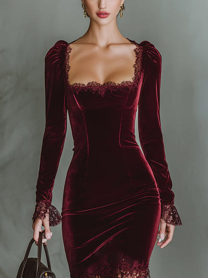 Elegant High-neck Velvet Lace Maxi Dress