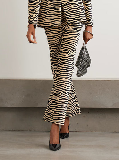 Exquisite Zebra Print Lapel Blazer And Straight Leg Pants Set