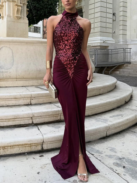 Elegant Halter Neck Sequined Maxi Dress