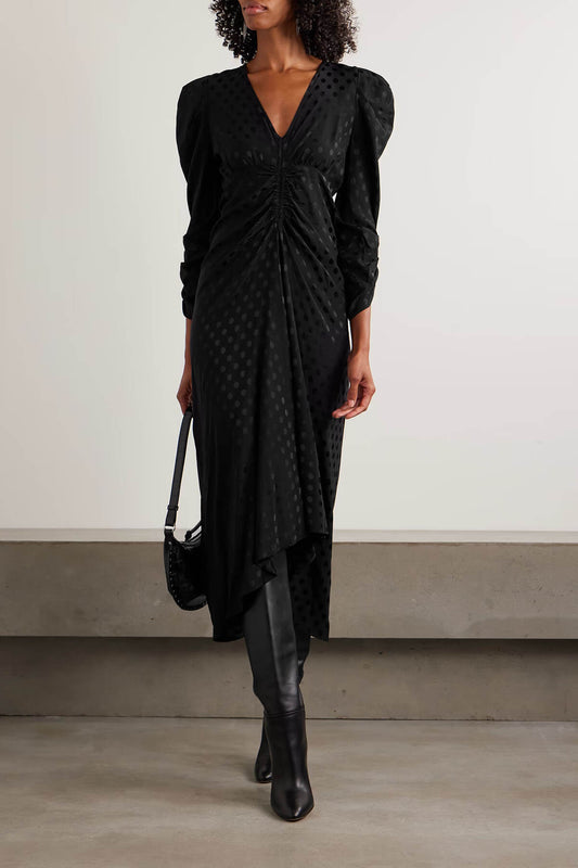 Exquisite Ruched Polka Dot Print Stretch Satin Midi Dress