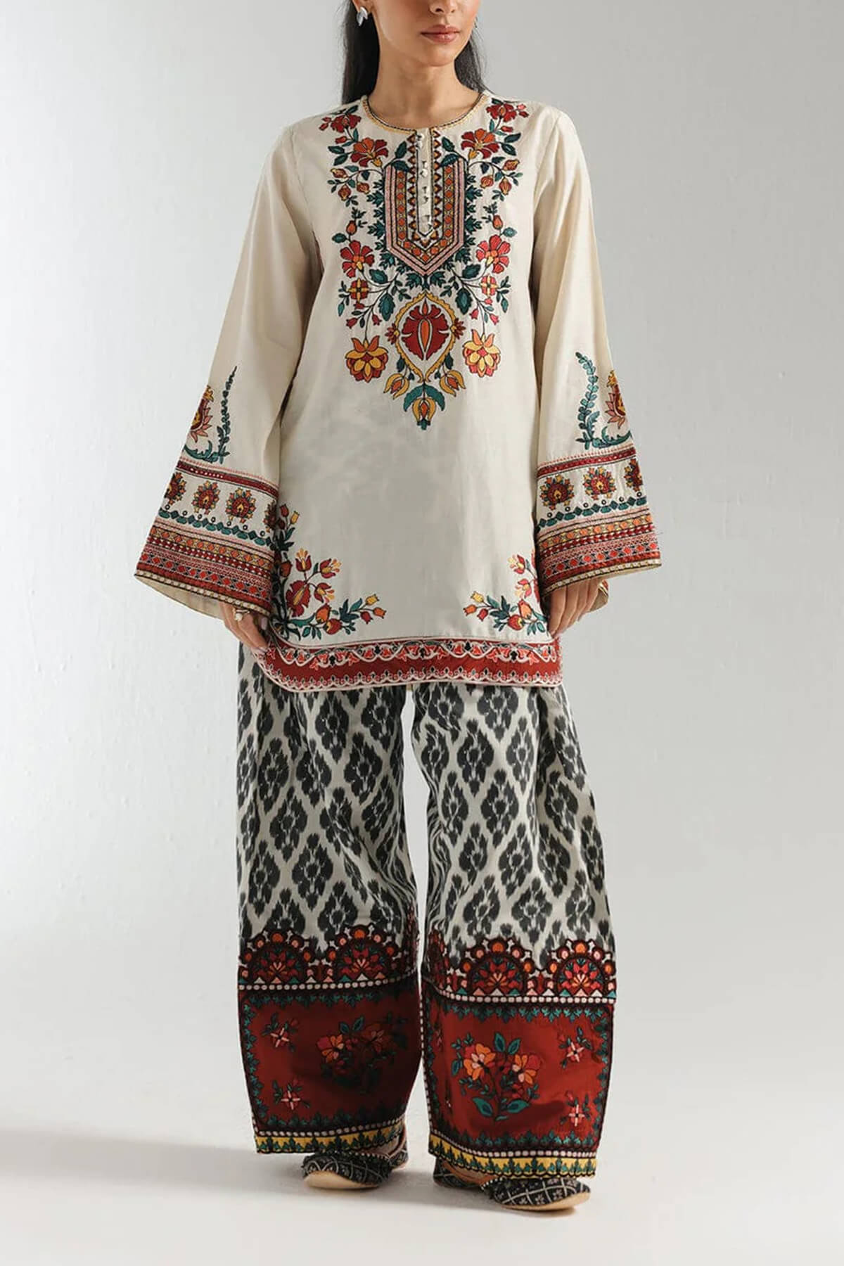 Retro Ethnic Print Elastic Waist Wide-Leg Pants