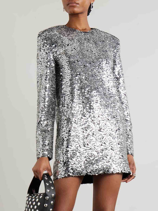 Elegant Sequined Long-sleeved Mini Dress