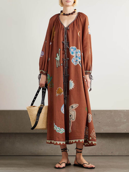 Retro Floral Print Linen-Cotton Blend Midi Dress