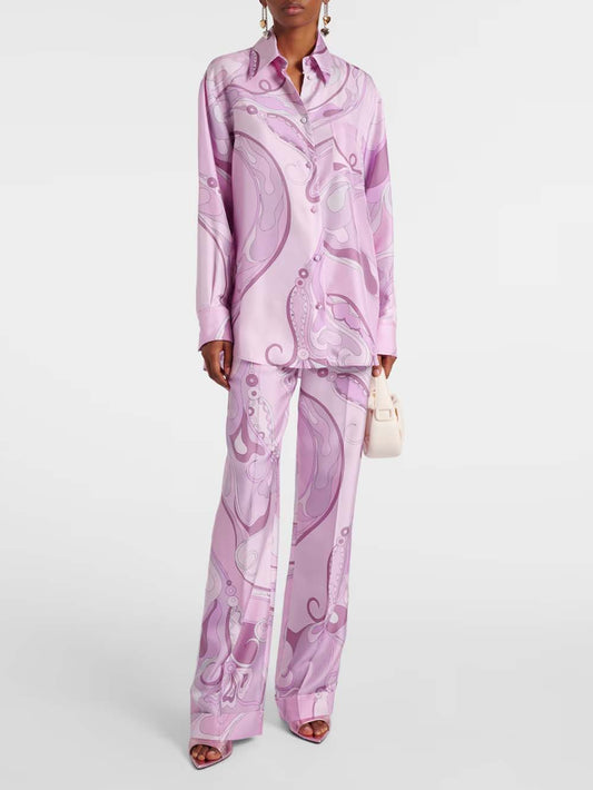 Exquisite Orchid Print Satin Twill Button Shirt & Straight-Leg Pants Set
