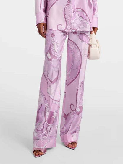 Exquisite Orchid Print Satin Twill Button Shirt & Straight-Leg Pants Set