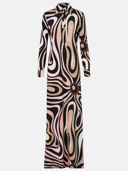 Exquisite Swirl Unique Print Satin Maxi Dress
