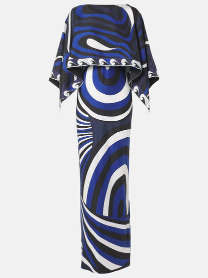 Exquisite Swirl Rainbow Print Maxi Dress and Loose Cape Top Set