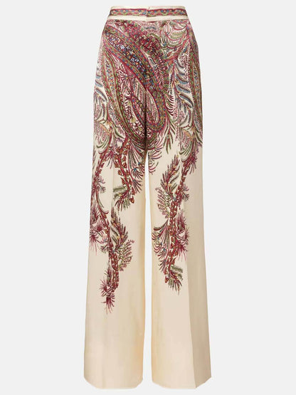 Exquisite Printed Satin Elastic Waist Loose Wide-Leg Pants
