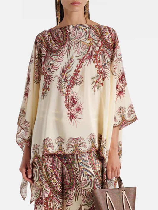 Exquisite Asymmetric Print Satin Double-Chiffon Cape Top