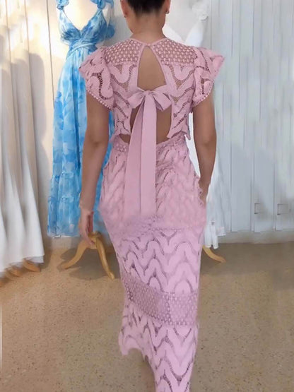 Retro Wave Dot Embroidery Lace Back Tie-up Top and Elastic Waist Maxi Skirt Set