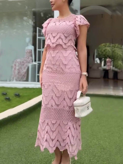 Retro Wave Dot Embroidery Lace Back Tie-up Top and Elastic Waist Maxi Skirt Set