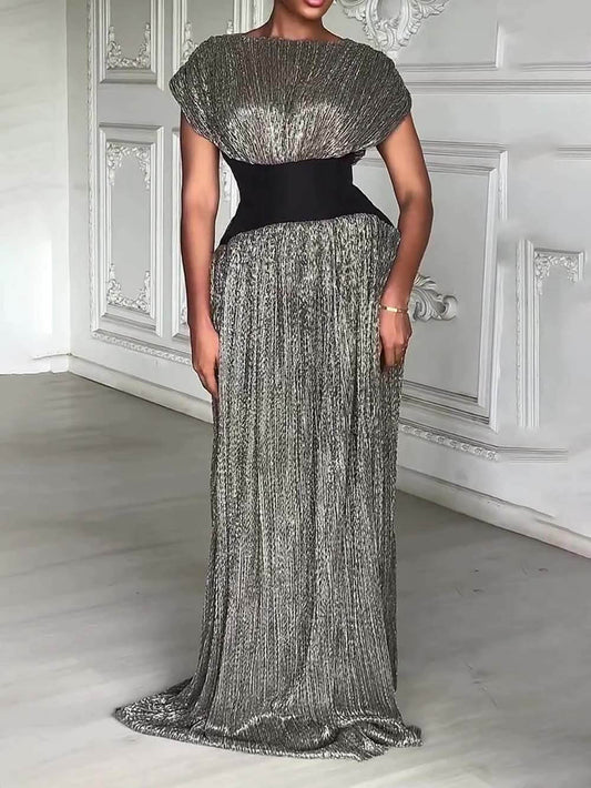 Elegant Shimmery Silver Contrast Waist Maxi Dress