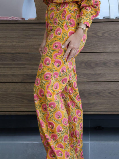 Unique Floral Print Mustard High-Waisted Straight-Leg Pants