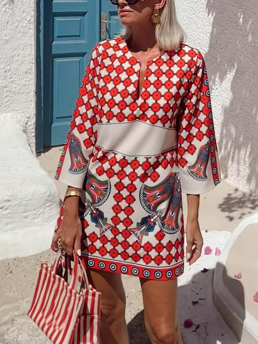 Vintage Print Flared Cuffs Mini Dress