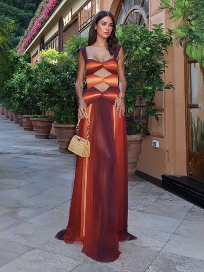 Elegant Gradient Print Sexy Hollow Maxi Dress