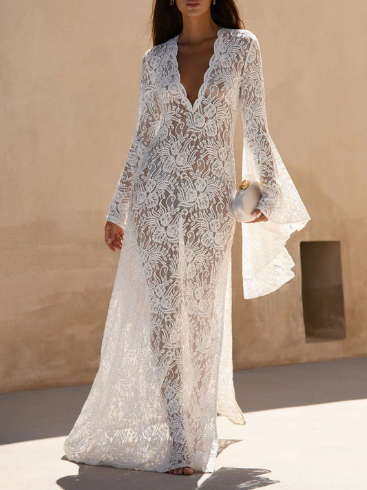 Elegant Lace Bell Sleeve Maxi Dress