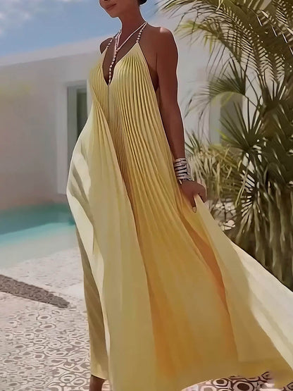 Elegant Pleated V-Neck Backless Chiffon Maxi Dress