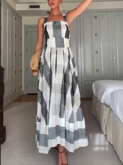 Classic Casual Plaid Print Pleated A-Line Maxi Dress
