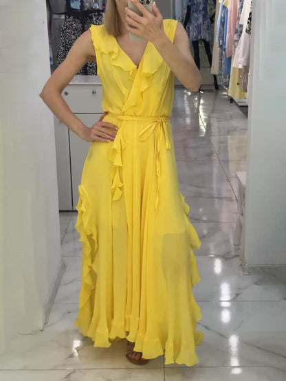 Elegant Ruffled V-Neck High-Slit Maxi Dress