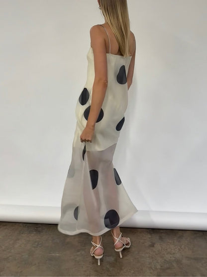 Elegant Mesh Stitching Polka Dot Print Off-Shoulder Suspender Maxi Dress
