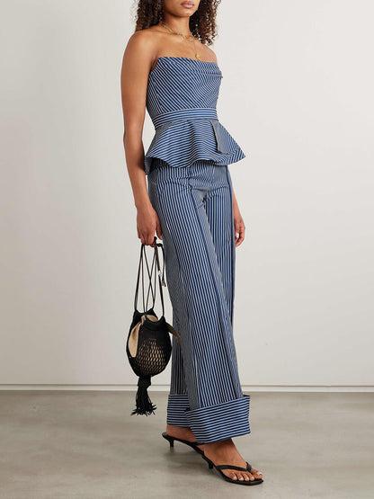 Retro Off-Shoulder Striped Print Stretch Twill Ruffle Tank Top