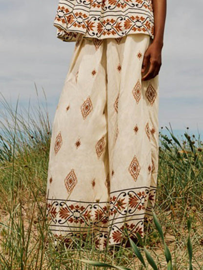Retro Ethnic Print Loose With Pockets Elastic Wide-Leg Pants