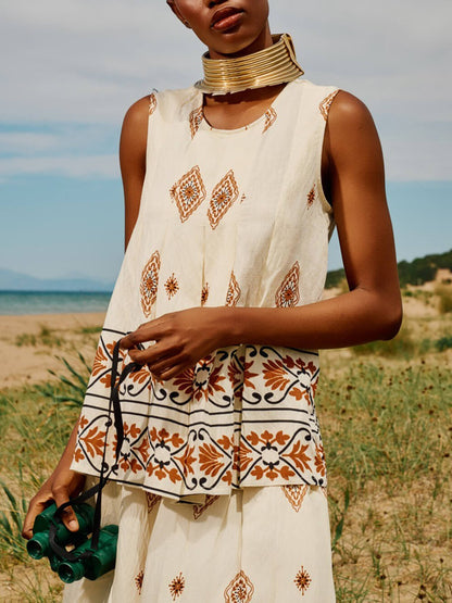 Retro Ethnic Print Loose With Pockets Elastic Wide-Leg Pants