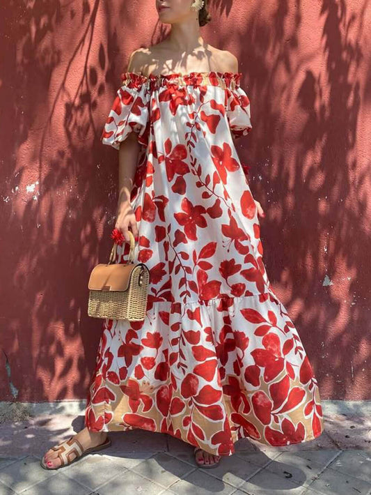 Casual Floral Print Off-Shoulder Puff Sleeve Maxi Dress