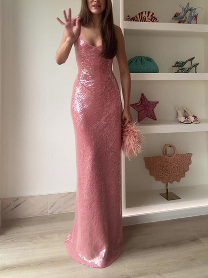 Exquisite And Elegant Sequined Backless Party Bodycon Maxi Dress