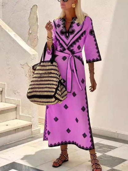 Bohemian Style Unique Print Belted Midi Dress