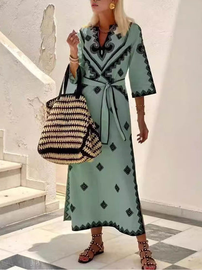 Bohemian Style Unique Print Belted Midi Dress