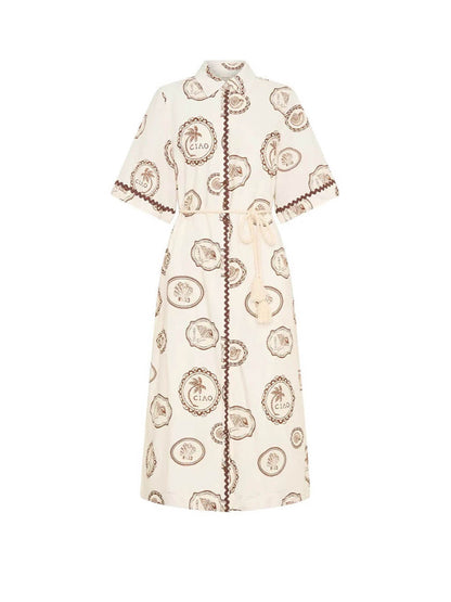 Modern Feel Linen Unique Ocean Print Cardigan Button Midi Dress