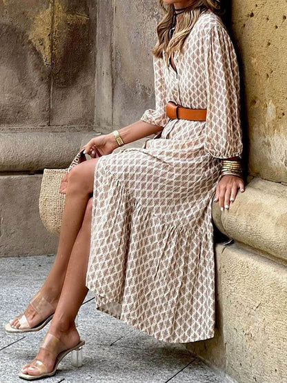 Unique Pattern Print V-Neck Simple Belt Midi Dress